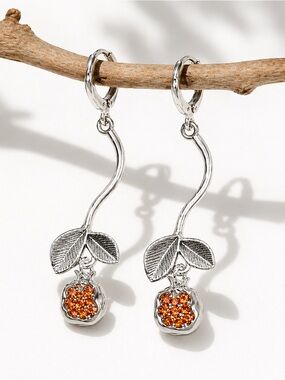 Botanical Silver Drop Earrings, Orange Crystal, Artisan Style
